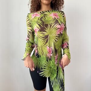 Vintage Tropical Mesh Tunic Top Asymmetrical Sheer Floral Y2K (S/M)